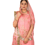 Peach Bamber Satin Aari Sequins Work Poshak Set (Unstitched) | Pure Georgette Odhna | Jaipurio Ethnic Wear